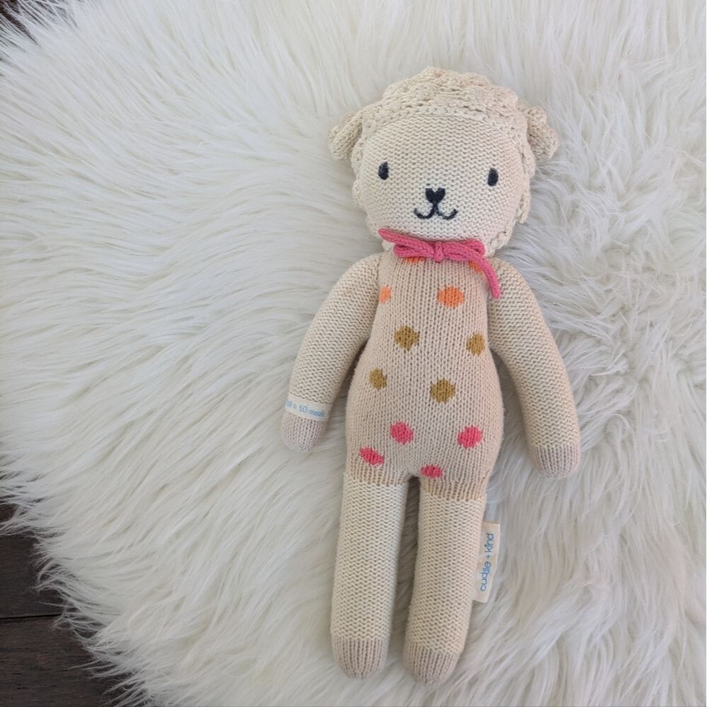 Cuddle + Kind 13" Small Lucy the Lamb Handmade Knit Lamb Plush Toy Cream Pink